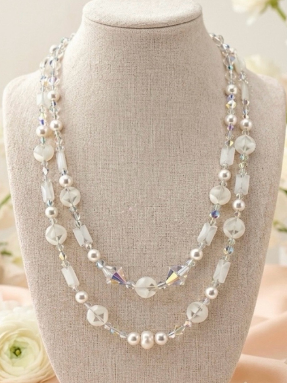 Kelco Venetian Glass AB Crystal Freshwater Pearl Double Strand Necklace Handmade